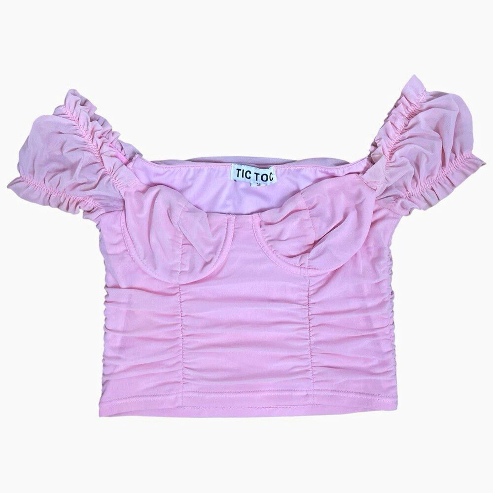 TIC TOC Pink Mesh Ruched Ruffle Crop Blouse Square Neck Puff Sleeve S